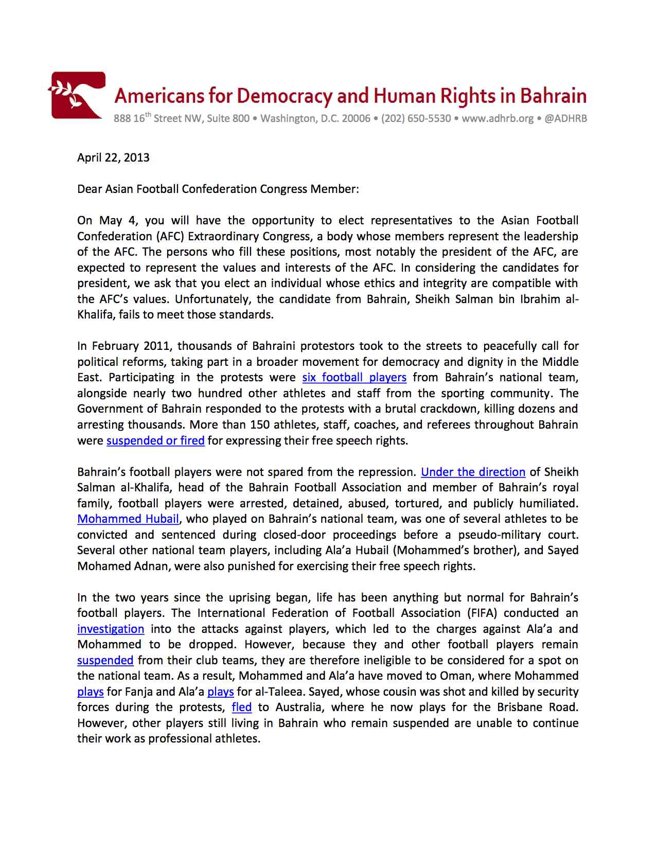 Letter to AFC Members