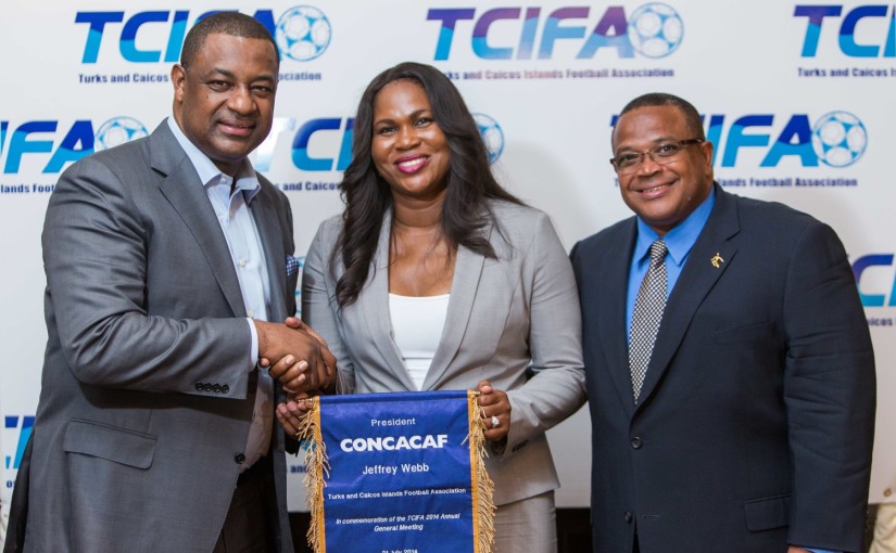 Jeffrey Webb CONCACAF President Sonia Bien-Aime TCIFA President and Gordon Derrick CFU President